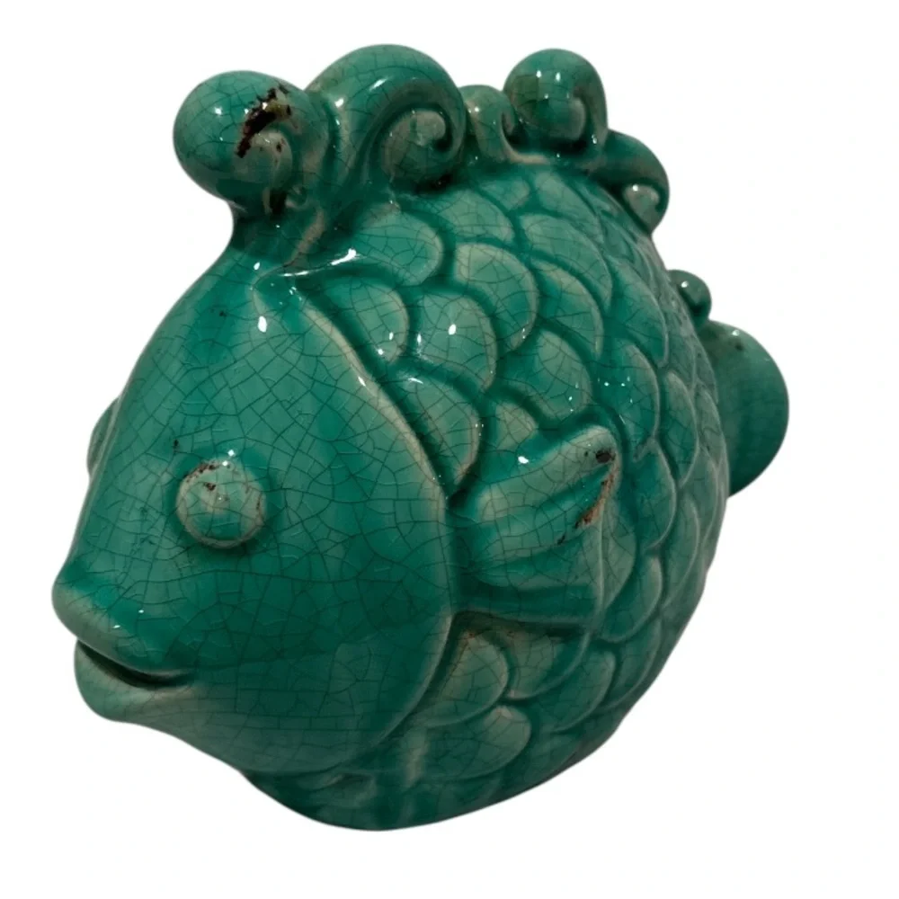 Tozai Home Turquoise Ceramic Fish with Crackle & Distessed Detail